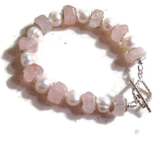 Pale Pink Bracelet - Rose Quartz Jewellery - Gemstone - Sterling Silver Jewelry - Pearls - Chunky - Beaded bracelet