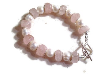 Pale Pink Bracelet - Rose Quartz Jewellery - Gemstone - Sterling Silver Jewelry - Pearls - Chunky - Beaded bracelet