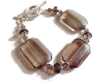 Smoky Quartz Bracelet - Brown Jewelry - Sterling Silver Bee Charm - Gemstone Jewellery - Chunky - Fashion