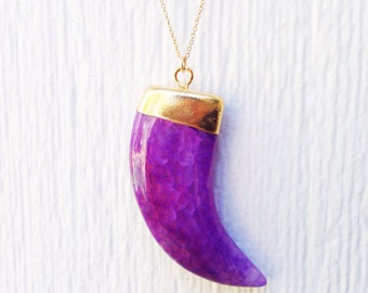 Horn Necklace - Purple Agate Gemstone Jewelry - Gold Chain Jewellery - Long - Fashion - Pendant