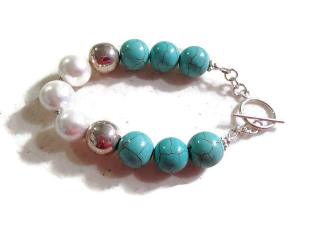 Turquoise Bracelet White Pearl Jewelry Sterling Silver - Etsy