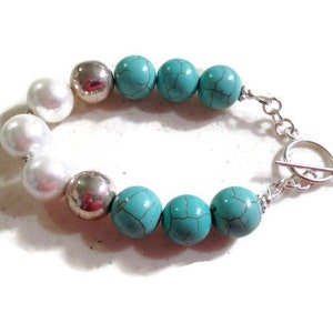 Turquoise Bracelet - White Pearl Jewelry - Sterling Silver Jewellery - Gemstone - Beaded - Chunky - Mod - Funky