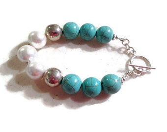 Turquoise Bracelet - White Pearl Jewelry - Sterling Silver Jewellery - Gemstone - Beaded - Chunky - Mod - Funky