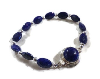 Lapis Bracelet - Navy Blue Jewelry - Sterling Silver Jewellery - Gemstone - Beaded - Lapis Lazuli - Box Clasp