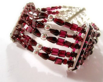 Red Garnet Bracelet - January Birthstone Jewelry - Sterling Silver Jewellery - Multi Strand - Crimson - Natural Gemstone - Beaded B-109