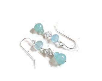 Aqua Chalcedony Sterling Silver Earrings - Handmade Dangle Jewelry