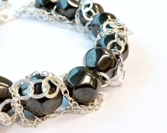 Hematite Bracelet - Gray Statement Jewelry - Sterling Silver Chain - Gemstone Jewellery - Mod