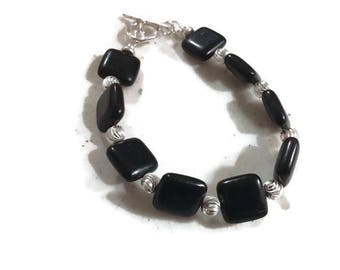 Black Bracelet - Onyx Gemstone Jewelry - Beaded Jewelery - Sterling Silver - Fashion