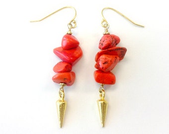 Coral Earrings - Gold Vermeil Spike Jewelry - Hipster Jewellery - Modern Point Arrow Natural Gemstone