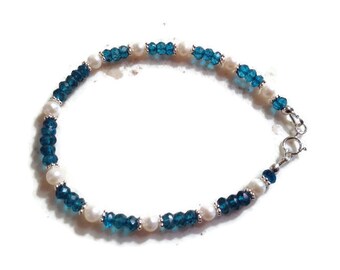 Blue Bracelet - London Blue Topaz Gemstone Jewelry - Sterling Silver Jewellery - Pearls - Luxe - Beaded