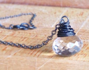 Teardrop Crystal Necklace - Oxidized Sterling Silver Wire Wrapped Quartz