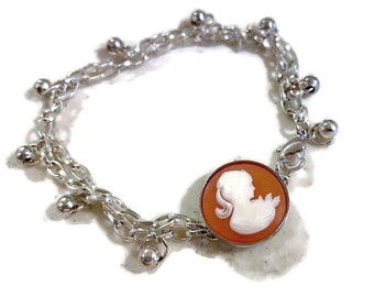 Cameo Bracelet - Silver Jewelry - Chain Jewellery - Woman - Profile - Gift - Handmade - Carmal - Beaded