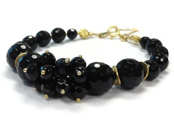 Black Bracelet - Onyx Jewellery - Gold Jewelry - Safety Chain - Gemstone - Elegant - Unique - Fancy - Beaded B-251