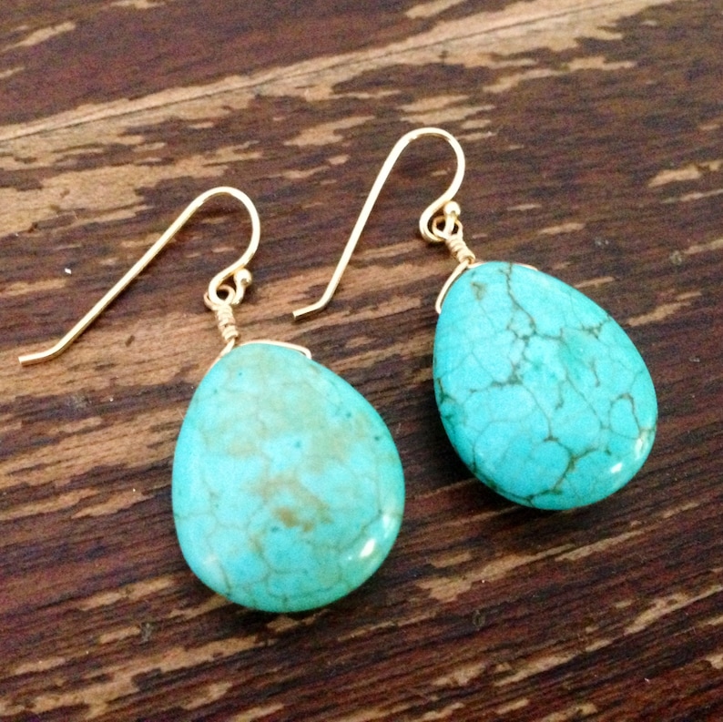 Turquoise Drop Earrings Gemstone Jewellery Blue Jewelry Handmade Dangle Gold or Silver Pierced Gift Carmal Free Shipping image 3
