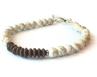 White Turquoise Bracelet - Brown Wood Jewelry - Sterling Silver Jewellery - Gemstone Earth Tones Layer Stack Minimal Neutral Natural TBM