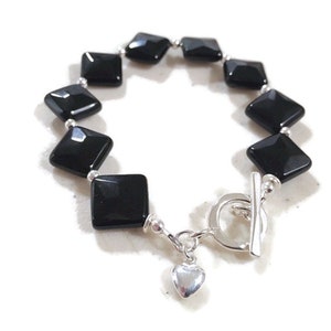 Black Bracelet - Onyx Gemstone Jewelry - Sterling Silver Jewellery - Heart Charm - Fashion
