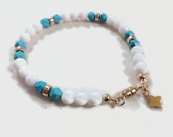 White Bracelet - Jade Jewelry - Blue Turquoise Gemstone Jewellery - Gold - Fashion - beaded - Quatrefoil Charm