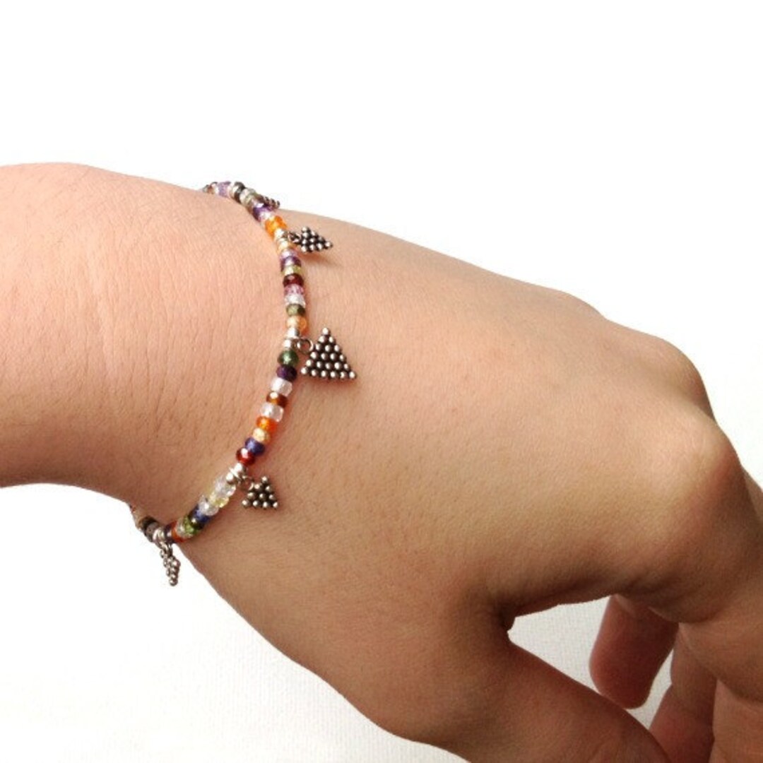 Colorful Beaded Bracelet CZ Sterling Silver Jewelry Geometric Triangle Point Charm Multicolored ...