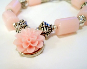 Pink Bracelet - Silver Jewelry - Flower Charm Jewellery - Shabby Chic - Pastel - Handmade - Fashion - Gift Ideas B-13