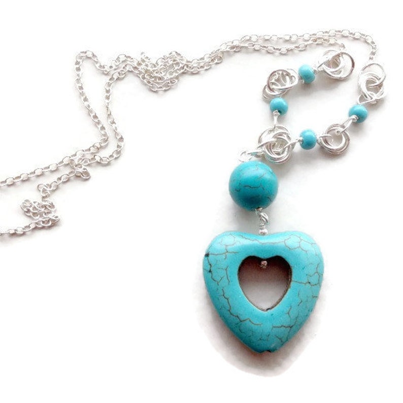 Turquoise Heart Necklace Howlite Gemstone Jewelry Sterling Etsy