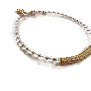 Clear Crystal Bracelet - Gold Jewelry - Heart Charm Jewellery - Dainty - Wedding - Unique Handcrafted - Fancy - Ice