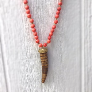 Orange Necklace - Howlite Gemstone Jewellery - Gold Jewelry - Brown Horn Pendant - Long
