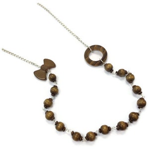 Collar marrón - joyería marrón - joyería de madera - joyería de plata esterlina - cuentas de cadena alambre de arco envuelto tonos tierra único N-186