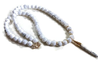 White Necklace - Howlite Gemstone Jewellery - Gold Jewelry - Stick Pendant - Fashion - Beaded