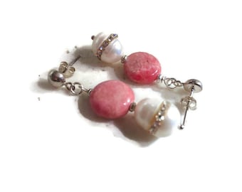 Rhodochrosite Earrings - Pink Jewelry - Sterling Silver Jewellery - Dangle - Mod - Fashion - Gemstone