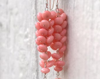 Pink Earrings - Coral Gemstone Jewelry - Sterling Silver Jewellery - Beaded - Dangle - Cluster - Pierced - Gift - Handmade - Carmal