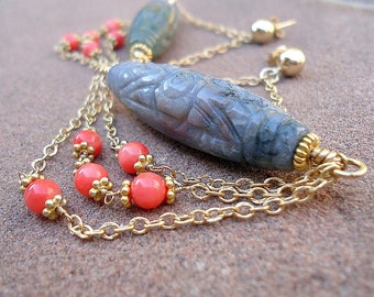 Jasper Earrings -  Gold Jewelry - Gray Coral - Gemstone Jewellery - Chandelier - Dangle - Luxe - Chic