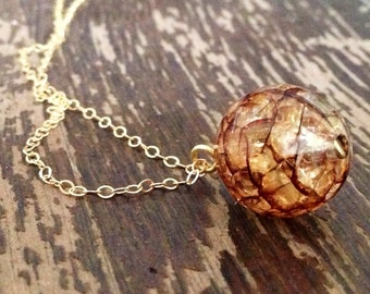 Brown Necklace - Crackle Bead Pendant - Gold Chain Jewellery - Everyday Jewelry - Fashion