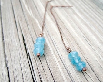 Blue Apatite Earrings - Blue Jewelry - Copper Jewelry - Threader Chain Women's Jewellery - Gemstone Unique Dangle Dainty ER-56