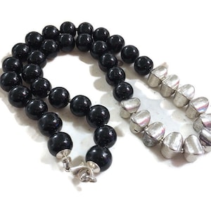 Black Necklace - Silver Jewelry - Chunky Jewellery - Beaded