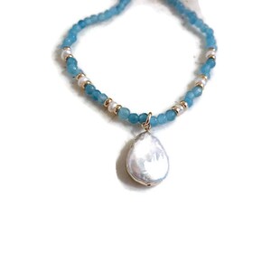 Blue Necklace - Jade Gemstone Jewelry - White Pearl Pendant - Gold Jewellery - Beaded - Gift - Handmade - Carmal - 18 Inches