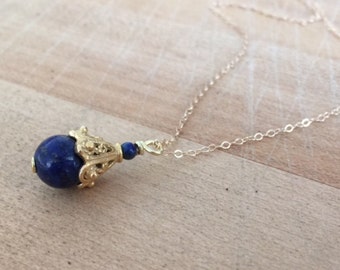 Lapis Necklace -  Navy Blue Jewelry - Lapis Lazuli Gemstone - Gold Chain Jewellery - Pendant