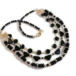 Black Onyx Necklace - Statement Necklace - Gold Jewelry - Gemstone Jewellery - Three Strand - Carmal - Handmade - Beaded - Gift