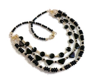 Black Onyx Necklace - Statement Necklace - Gold Jewelry - Gemstone Jewellery - Three Strand - Carmal - Handmade - Beaded - Gift