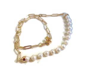 White Necklace - Gold Jewelry - Paper Clip Chain Jewellery - Shell Pearl Gemstone - Handmade - Gift - Jewelry by Carmal - Extender Chain