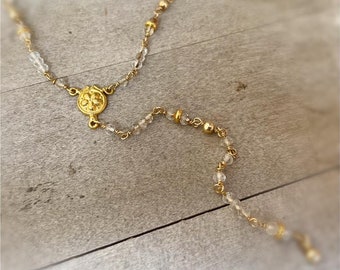 Clear Crystal Necklace - Gold Jewelry - Long Jewellery - Pendant - Wire Wrapped - Intricate - Luxe - Statement