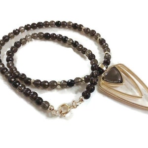 Brown Necklace - Smokey Quartz Jewelry - Smoky Quartz Gemstone Jewellery - Gold - Pendant - Beaded
