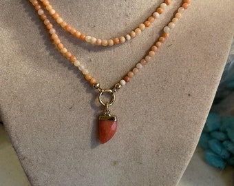 Peach Necklace - Aventurine Gemstone Jewellery - Tusk Pendant - Double Strand - Beaded Jewelry - Gold