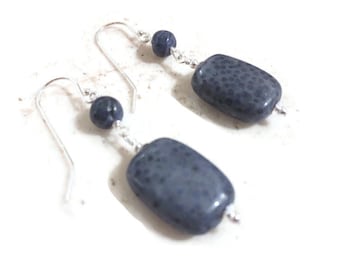 Blue Earrings - Stering Silver Jewelry - Sponge Coral Gemstone Jewellery - Denim - Pierced