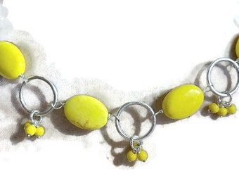 Yellow Necklace - Howlite Gemstone Jewelry - Silver Jewellery - Fashion - Wire Wrapped - Handmade - Gift - Carmal - Lobster Claw Clasp