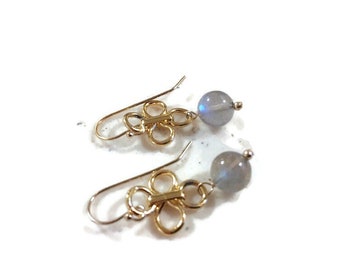 Gray Earrings - Labradorite Gemstone Jewelry - Gold Jewellery - Dangle - Pierced
