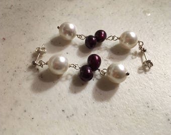 Pearl Earrings - White and Maroon Jewelry - Sterling Silver Jewellery - Dangle - Luxe - Fashion - Gemstone