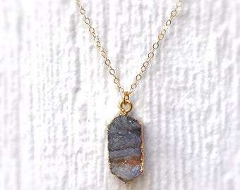 Gray Necklace - Druzy Jewelry - Gold Jewellery - Chain - Gemstone - Fashion - everyday