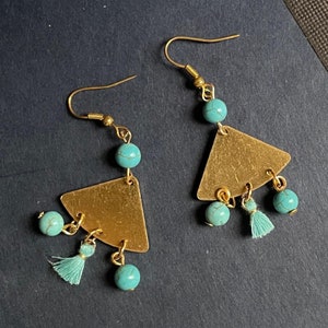 Blue Earrings - Brass Jewelry - Turquoise Gemstone Jewellery - Dangle - Pierced - Handmade - Gift - Tassel - US Free Shipping