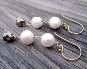 White Pearl Earrings - Yellow Gold Jewelry - Pyrite Natural Gemstone Trillion Jewellery - Fools Gold - Fashion - Unique