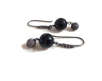 Black Onyx Earrings - Diamond Jewelry - Oxidized Sterling Silver Jewellery - Dangle - Wedding - Fashion - Luxe